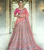 Grey Embroidered Satin Semi Stitched Lehenga