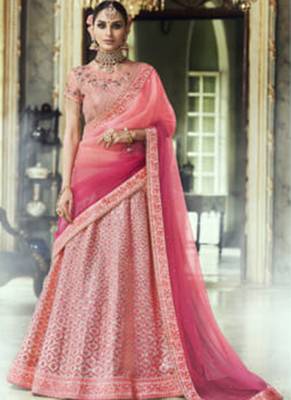 Pink Embroidered Satin Semi Stitched Lehenga 1