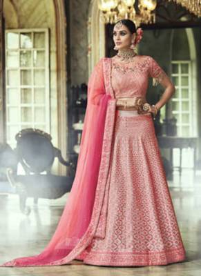 Pink Embroidered Satin Semi Stitched Lehenga 2