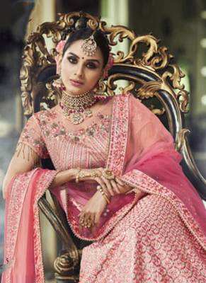 Pink Embroidered Satin Semi Stitched Lehenga 3