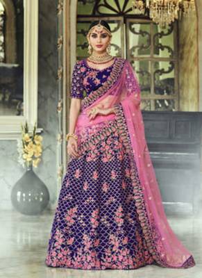 Blue Embroidered Velvet Semi Stitched Lehenga 1