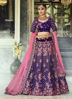 Blue Embroidered Velvet Semi Stitched Lehenga 2