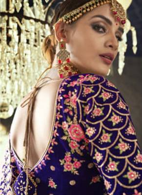 Blue Embroidered Velvet Semi Stitched Lehenga 3