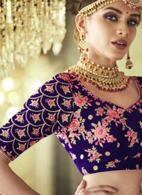 Blue Embroidered Velvet Semi Stitched Lehenga 4