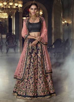 Blue Embroidered Satin Semi Stitched Lehenga 1