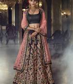 Blue Embroidered Satin Semi Stitched Lehenga