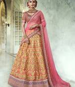 Yellow Embroidered Satin Semi Stitched Lehenga
