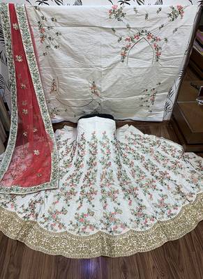 Cream Embroidered Satin Semi Stitched Lehenga 1