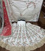 Cream Embroidered Satin Semi Stitched Lehenga