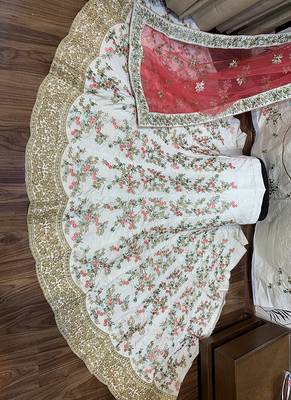 Cream Embroidered Satin Semi Stitched Lehenga 3