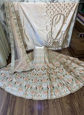 Orange Embroidered Satin Semi Stitched Lehenga 1