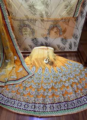 Yellow Embroidered Net Semi Stitched Lehenga 2