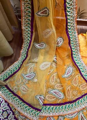 Yellow Embroidered Net Semi Stitched Lehenga 3
