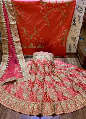 Pink Embroidered Satin Semi Stitched Lehenga 1