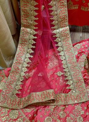 Pink Embroidered Satin Semi Stitched Lehenga 3