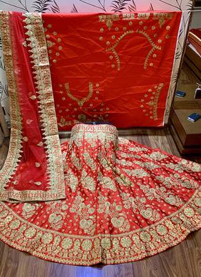 Red Embroidered Satin Semi Stitched Lehenga 1