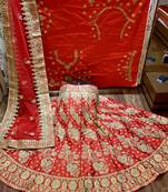 Red Embroidered Satin Semi Stitched Lehenga