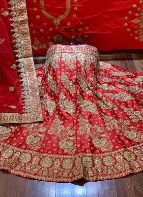 Red Embroidered Satin Semi Stitched Lehenga 2