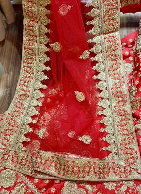 Red Embroidered Satin Semi Stitched Lehenga 3
