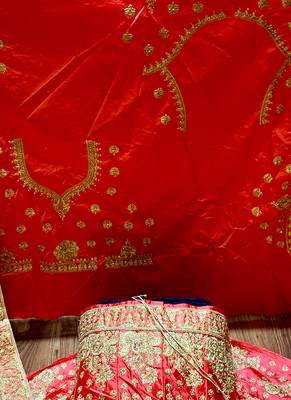 Red Embroidered Satin Semi Stitched Lehenga 4