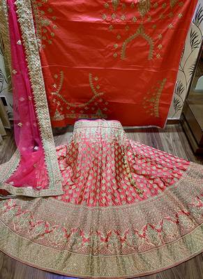 Pink Embroidered Satin Semi Stitched Lehenga 1