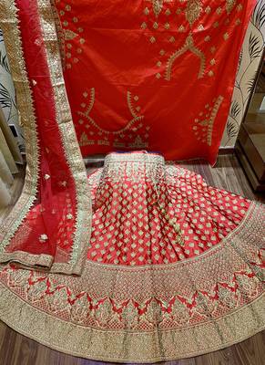 Red Embroidered Satin Semi Stitched Lehenga 1