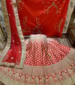 Red Embroidered Satin Semi Stitched Lehenga