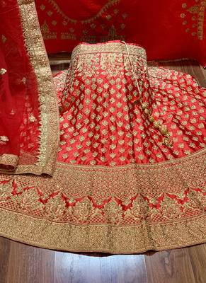 Red Embroidered Satin Semi Stitched Lehenga 2