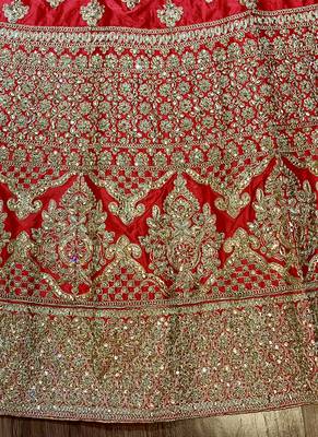 Red Embroidered Satin Semi Stitched Lehenga 3