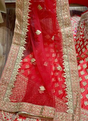 Red Embroidered Satin Semi Stitched Lehenga 4