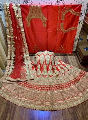 Red Embroidered Satin Semi Stitched Lehenga 1