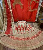 Red Embroidered Satin Semi Stitched Lehenga