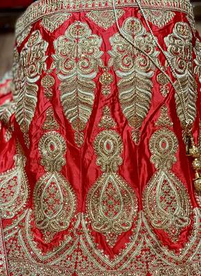 Red Embroidered Satin Semi Stitched Lehenga 2