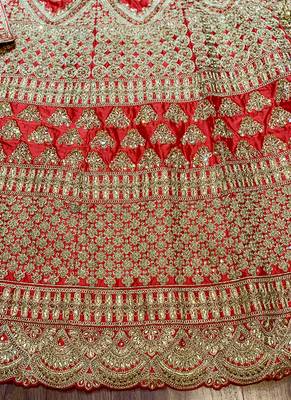 Red Embroidered Satin Semi Stitched Lehenga 3