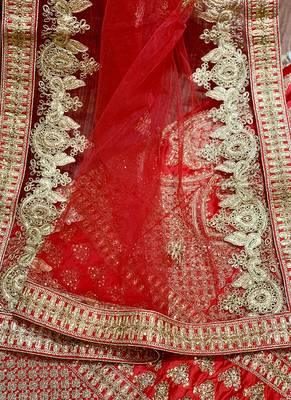 Red Embroidered Satin Semi Stitched Lehenga 4