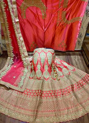 Pink Embroidered Satin Semi Stitched Lehenga 1
