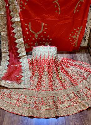 Red Embroidered Satin Semi Stitched Lehenga 1