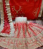 Red Embroidered Satin Semi Stitched Lehenga
