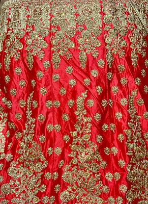 Red Embroidered Satin Semi Stitched Lehenga 2