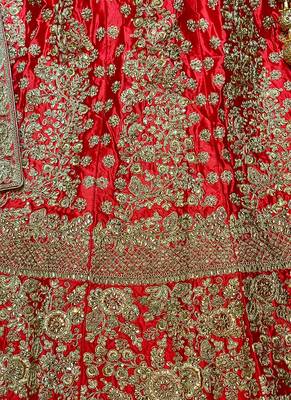 Red Embroidered Satin Semi Stitched Lehenga 3