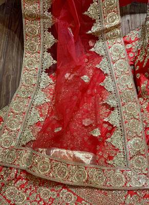 Red Embroidered Satin Semi Stitched Lehenga 4