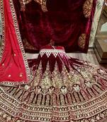 Maroon Embroidered Velvet Semi Stitched Lehenga