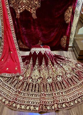 Maroon Embroidered Velvet Semi Stitched Lehenga 2