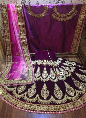 Violet Embroidered Velvet Semi Stitched Lehenga 1