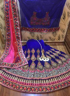 Blue Embroidered Velvet Semi Stitched Lehenga 1