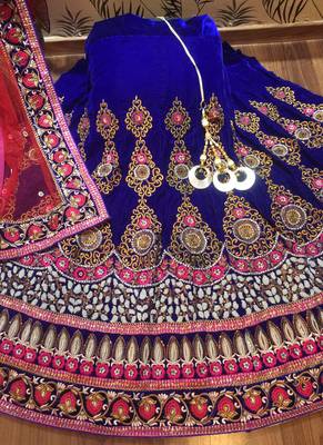 Blue Embroidered Velvet Semi Stitched Lehenga 2