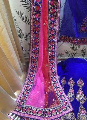 Blue Embroidered Velvet Semi Stitched Lehenga 3