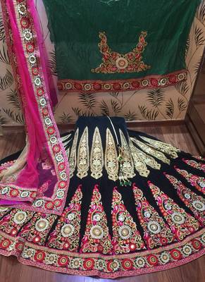 Green Embroidered Velvet Semi Stitched Lehenga 1
