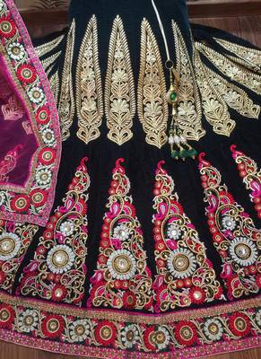 Green Embroidered Velvet Semi Stitched Lehenga 2