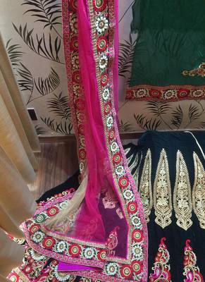 Green Embroidered Velvet Semi Stitched Lehenga 3
